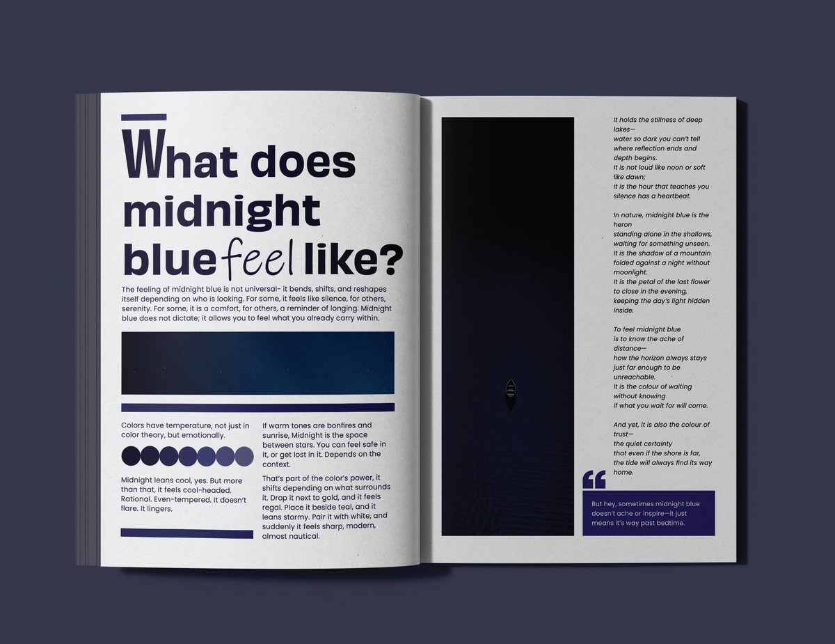 Midnight Blue editorial spread, 'what does midnight blue feel like?'