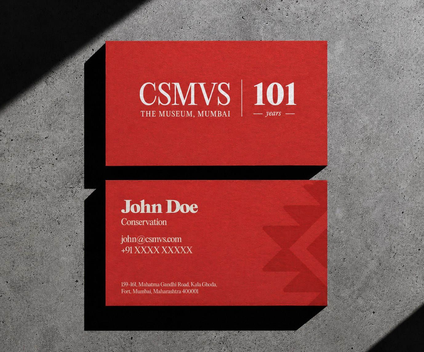 CSMVS 101 logo lockup used on stationery, in terracotta red