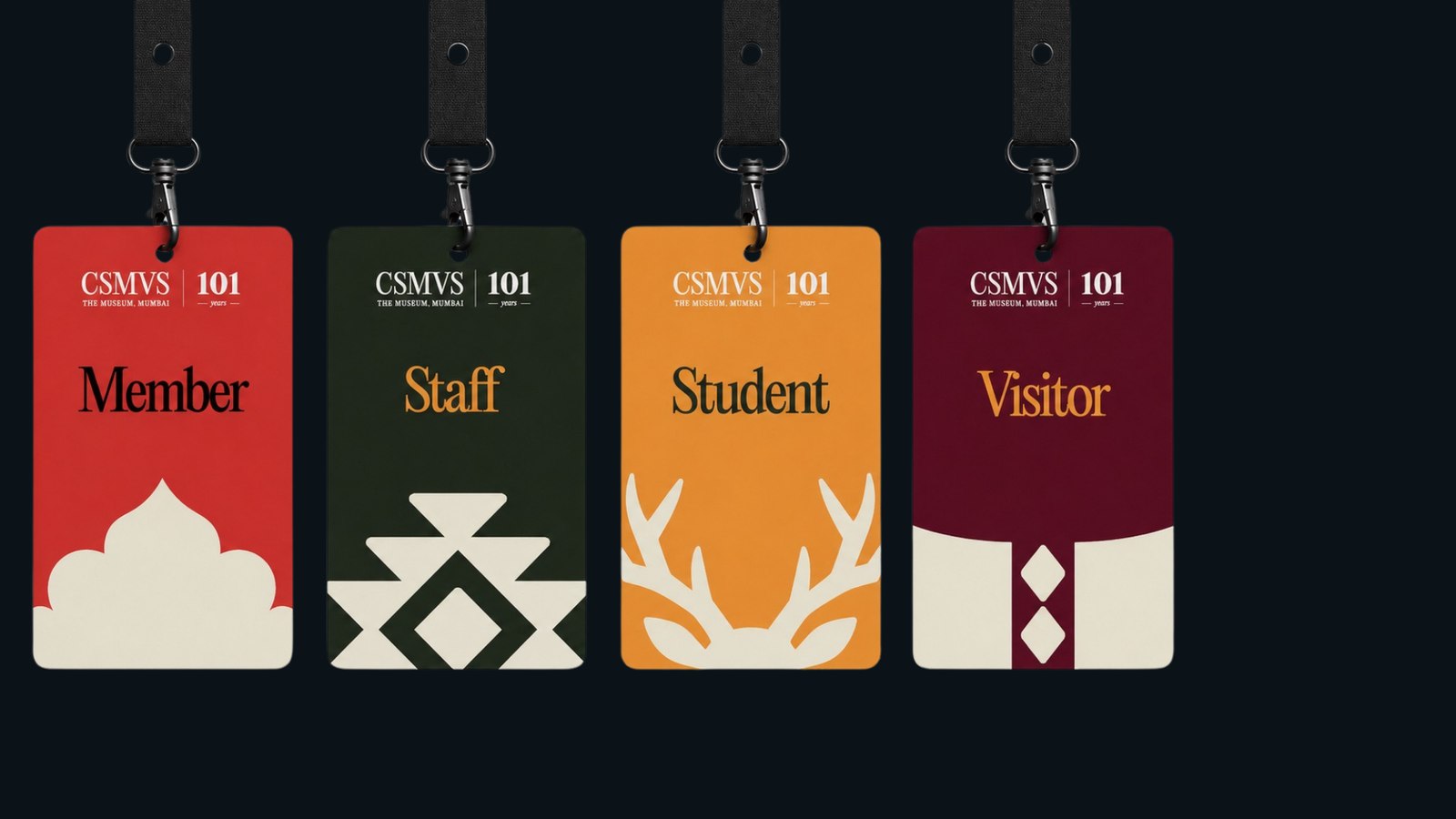 Four CSMVS access lanyards for Member, Staff, Student and Visitor, each with a distinct motif and colour