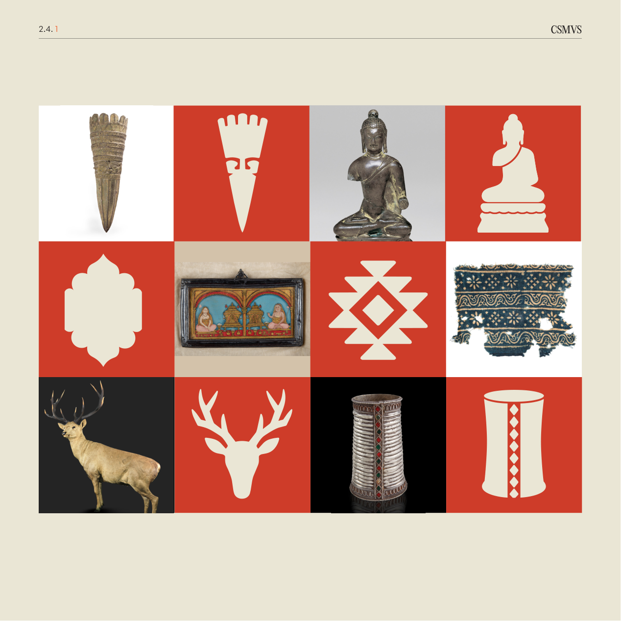 Twelve motifs paired with the real artifacts that inspired them, from a Buddhist bronze to a temple bell to a deer specimen