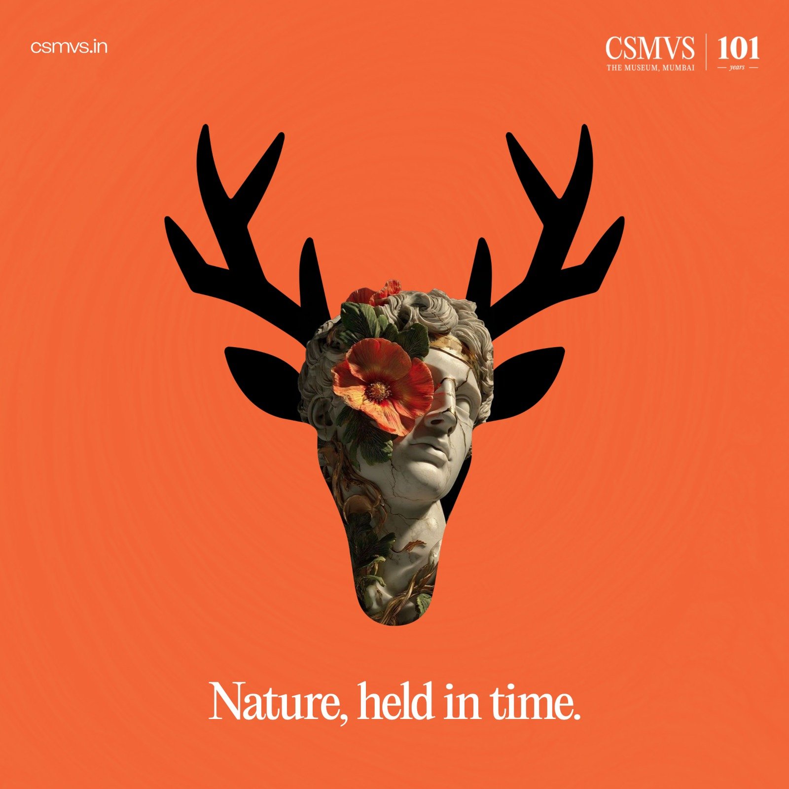 Social campaign visual for 'Nature, held in time.' combining a marble bust with a deer silhouette