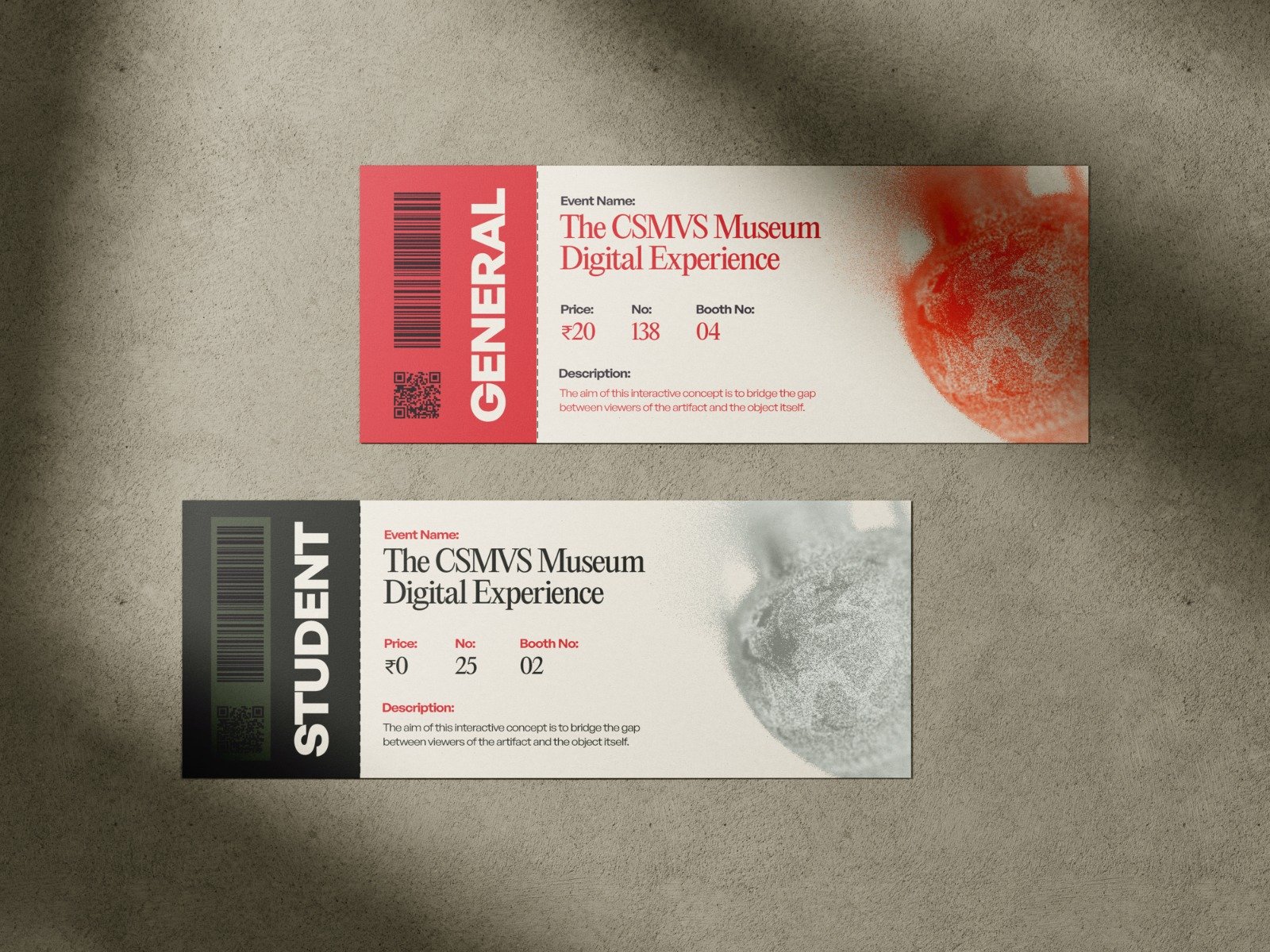 General and Student entry tickets for the CSMVS Digital Experience, priced at ₹20 and ₹0