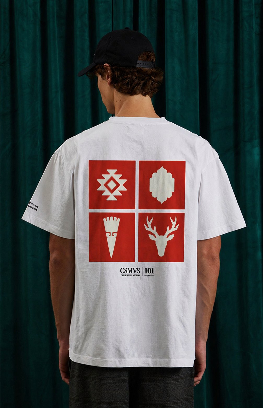 T-shirt back print showing the brand motifs in a grid