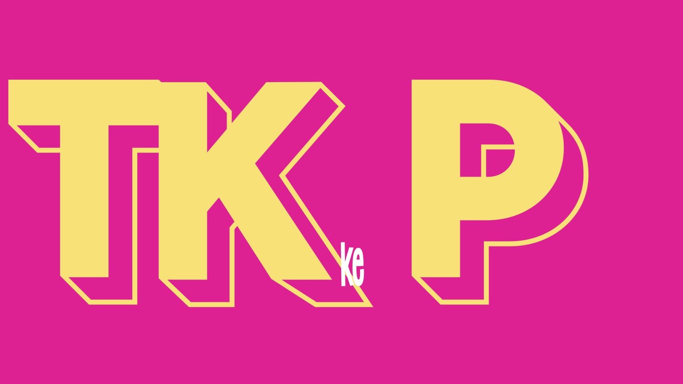 Bold 'TKP' kinetic type on hot pink background, from the TMKOC motion graphic