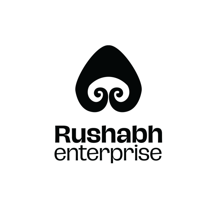 Rushabh Enterprise logo, dark mark on cream