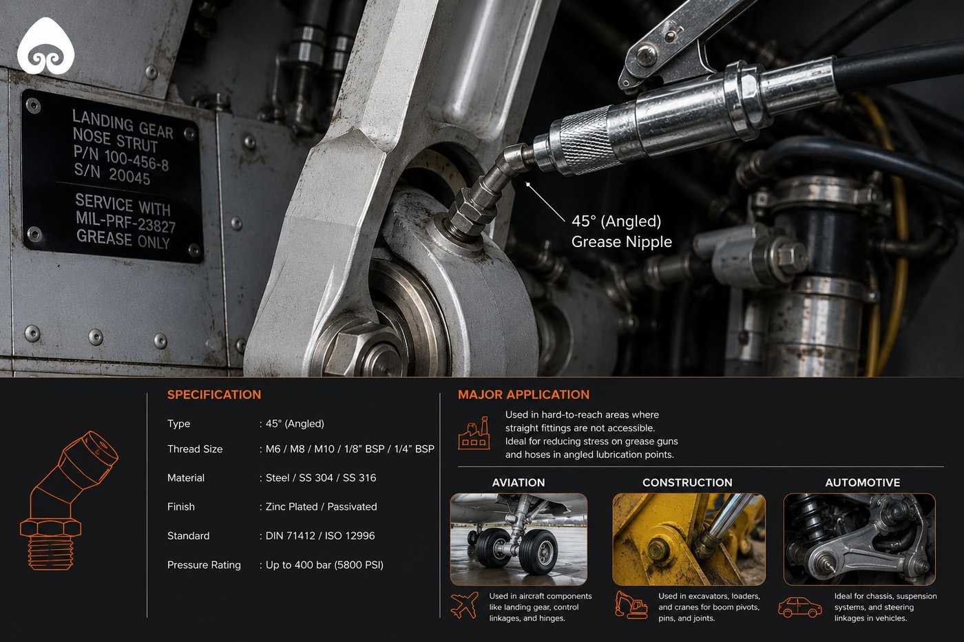 Catalogue spread for the 45 degree angled grease nipple, showing specification and application