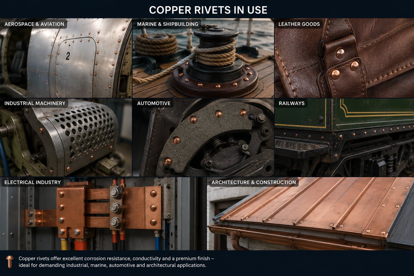 Copper rivets in use across aerospace, marine, automotive, and architectural applications