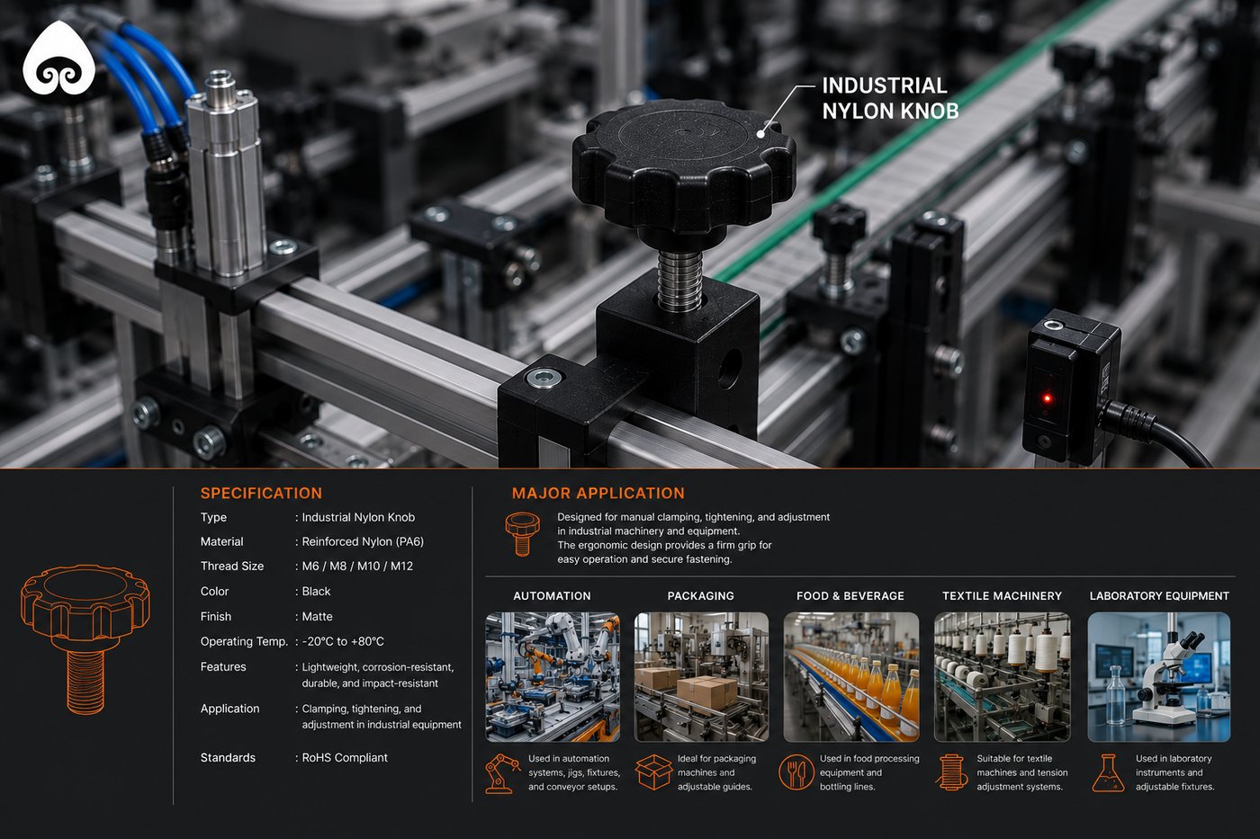 Catalogue spread for the industrial nylon knob, showing specification and application